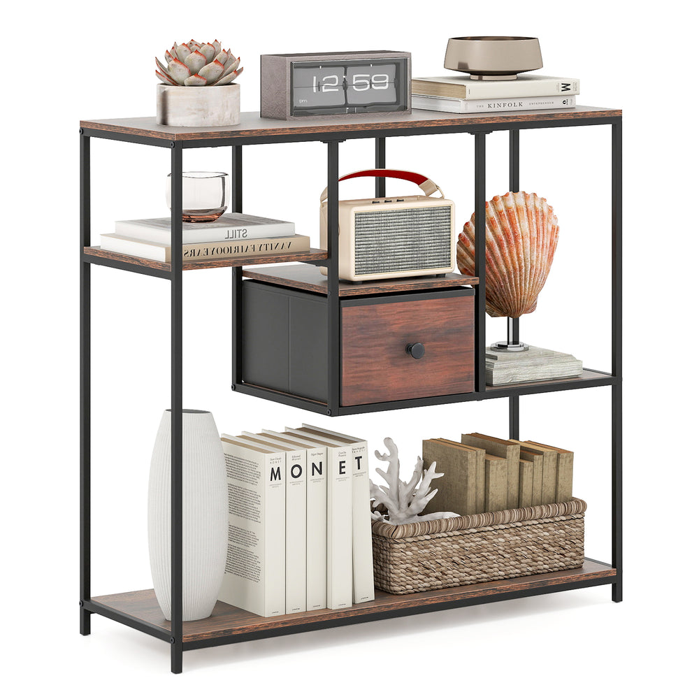 Close-up of the sturdy metal frame and wooden boards of a rustic brown console table, ensuring reliable support and.