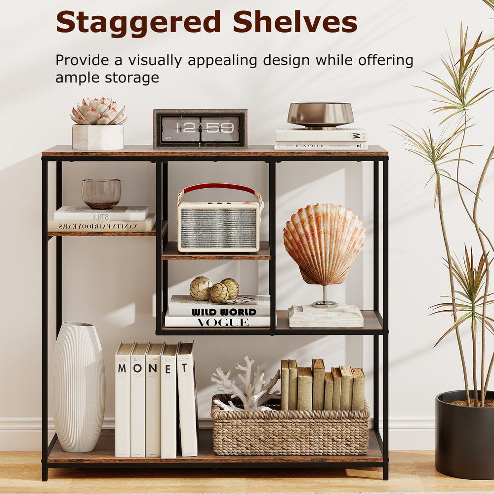 Staggered shelves of a 40-inch rustic brown console table with storage, perfect for entryway or living room use.