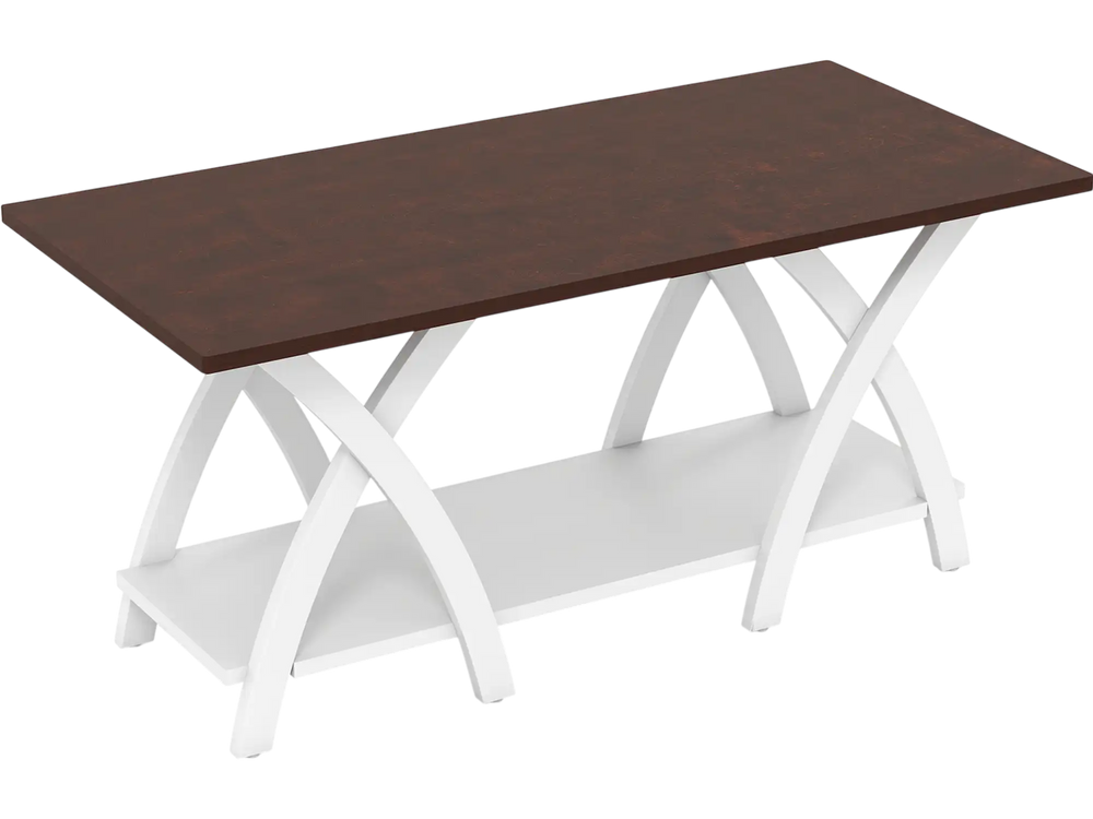 Walnut 40-inch farmhouse coffee table with 2-tier storage shelf and X-shaped support, perfect for living room.