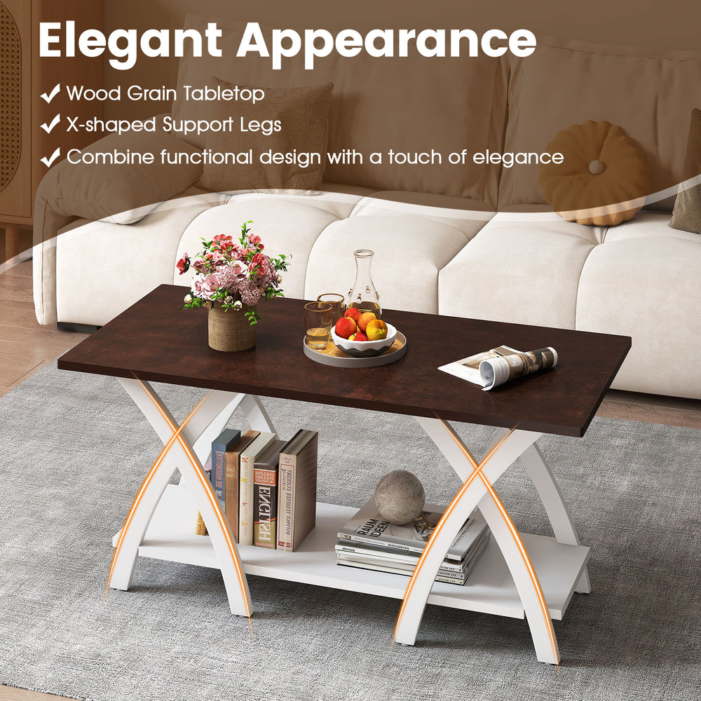 Walnut 40-inch farmhouse coffee table with wood grain finish, X-shaped support, and 2-tier storage for living room.