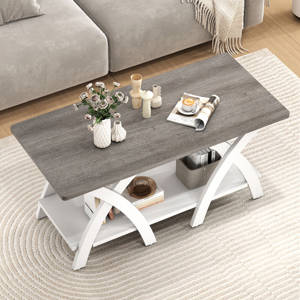 Gray 40-inch farmhouse coffee table with X-shaped legs, featuring a spacious top and open storage shelf for living room.