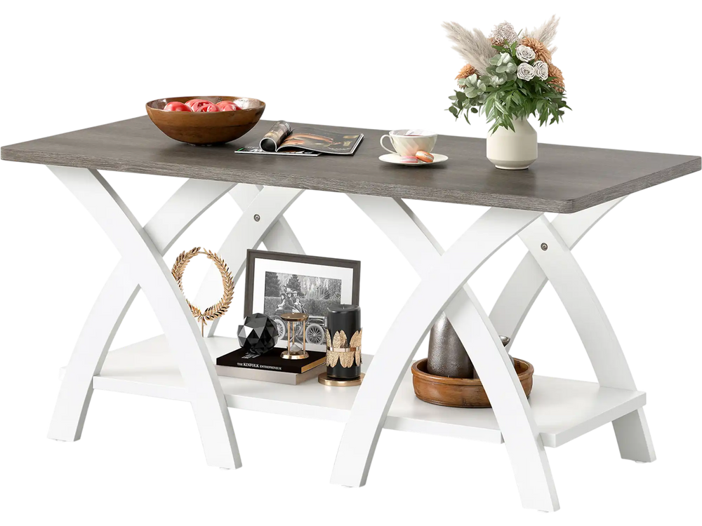 Gray 40-inch farmhouse coffee table with X-shaped legs, featuring a spacious top and open storage shelf for.
