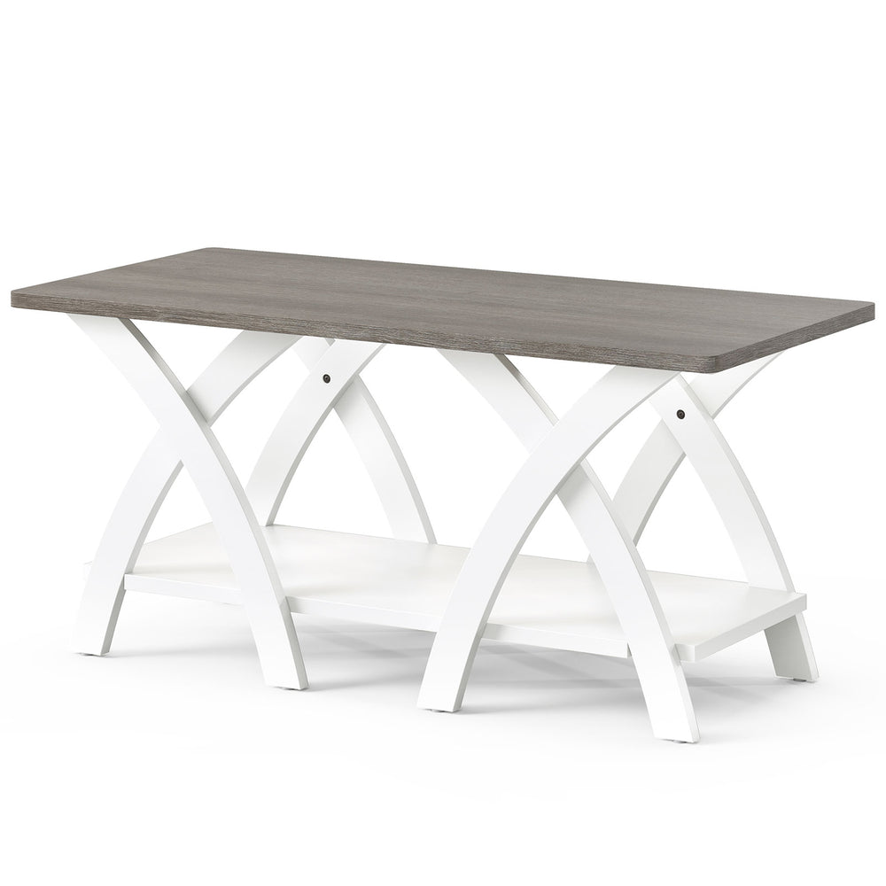 Gray 40-inch farmhouse coffee table with X-shaped legs and open storage shelf, perfect for living room organization.