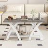40-inch gray farmhouse coffee table with X-shaped legs, featuring a spacious top and open storage shelf for.