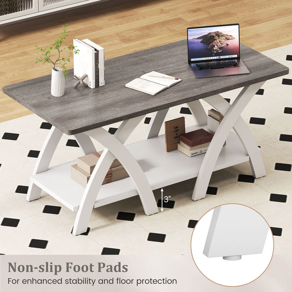 Gray 40-inch farmhouse coffee table showcasing non-slip foot pads for enhanced stability and protection on floors.