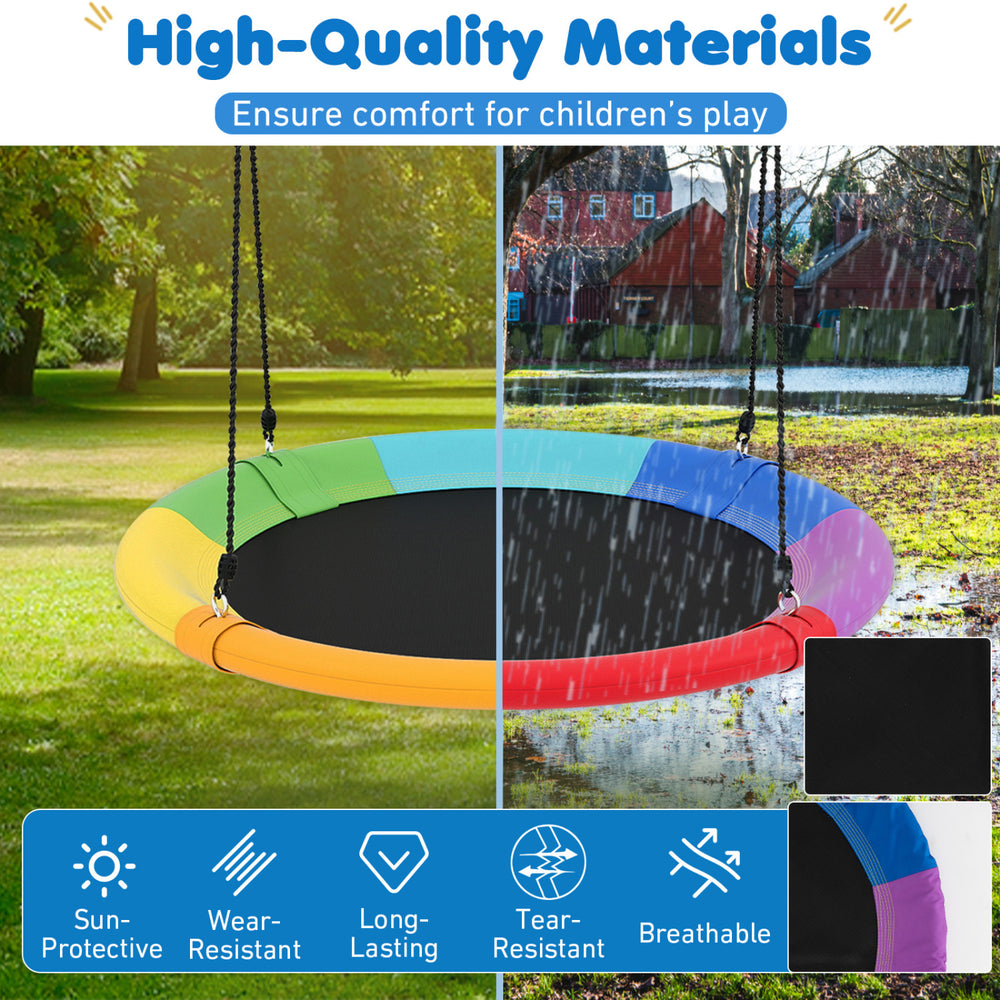 Colorful 40-inch flying saucer tree swing made of durable 600D oxford fabric for outdoor play and relaxation.
