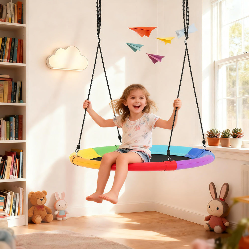 Colorful 40-inch flying saucer tree swing for kids, made of durable 600D oxford fabric, perfect for outdoor play.