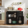 Modern black kitchen sideboard buffet cabinet with adjustable shelf, two drawers, and elegant gold-tone handles.