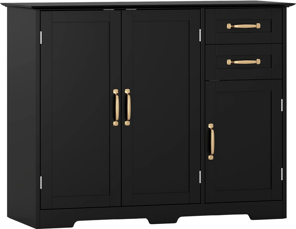 Black 40-inch modern kitchen sideboard buffet cabinet with gold-tone handles, featuring 2 drawers and adjustable shelf.