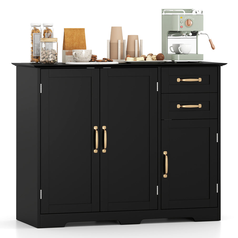 Black modern kitchen sideboard buffet cabinet with gold-tone handles, featuring two drawers and adjustable inner shelf.