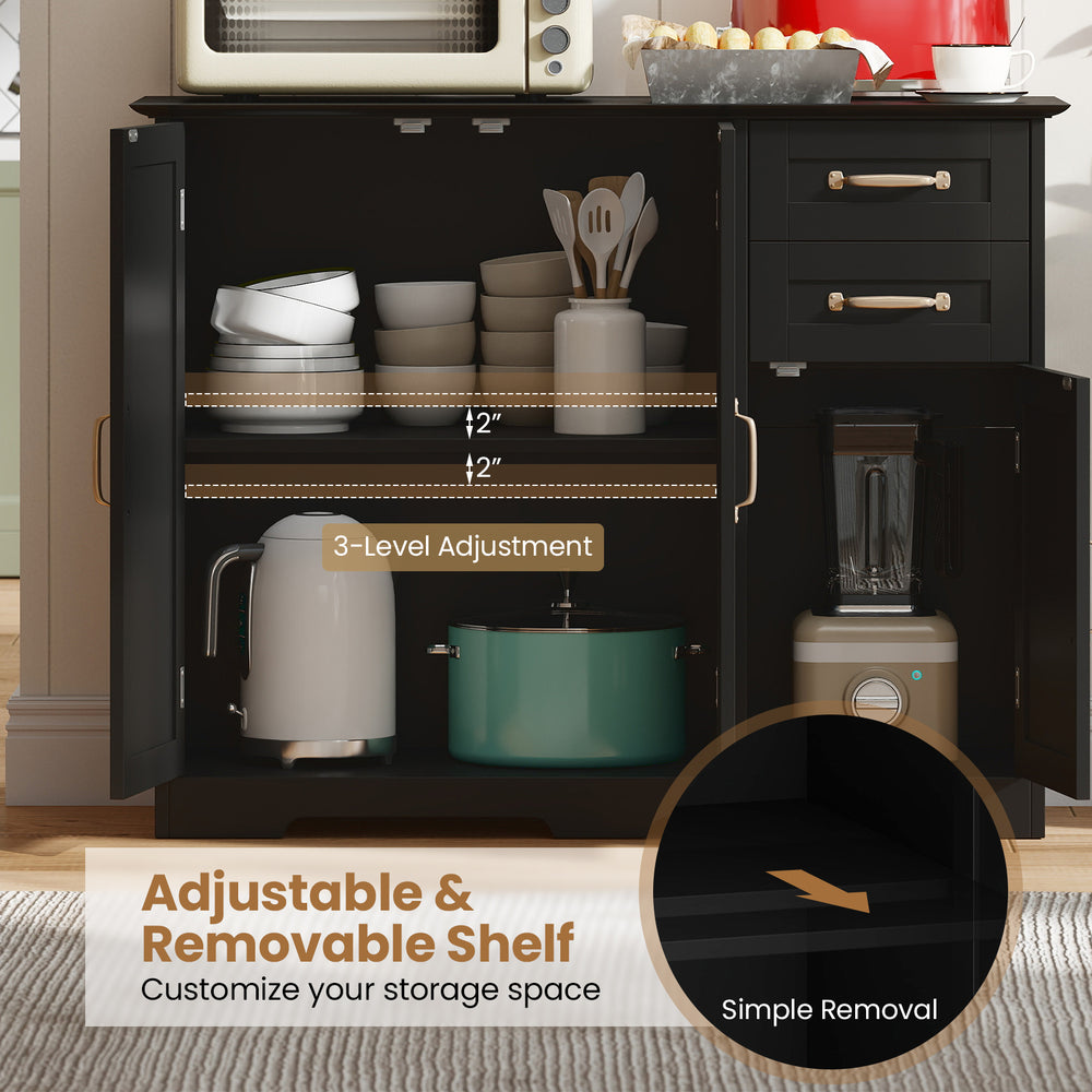 Modern black kitchen sideboard buffet cabinet with adjustable shelf, two drawers, and gold-tone metal handles for.