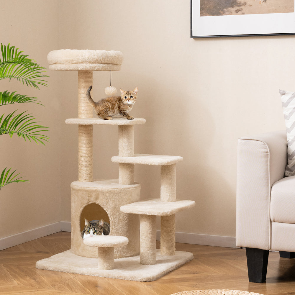 40 Inch Multi-level Cat Tower with Condo and Dangling Jingle Ball-Beige - Gallery View 1 of 10