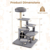Multi-level gray cat tower with condo, scratching posts, and dangling jingle ball, measuring 40 inches tall.