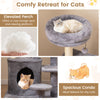 Multi-level cat tower with gray plush fabric, featuring an elevated perch and spacious condo for cozy lounging.