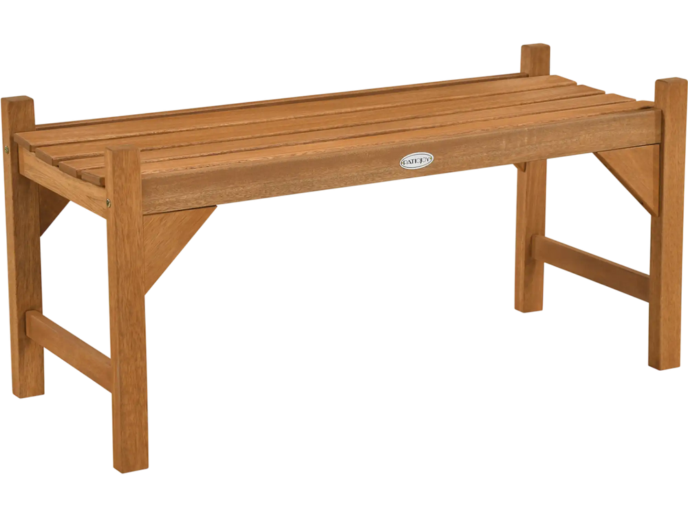 40-inch outdoor bench with slatted contoured seat in natural wood finish, perfect for deck or entryway seating.