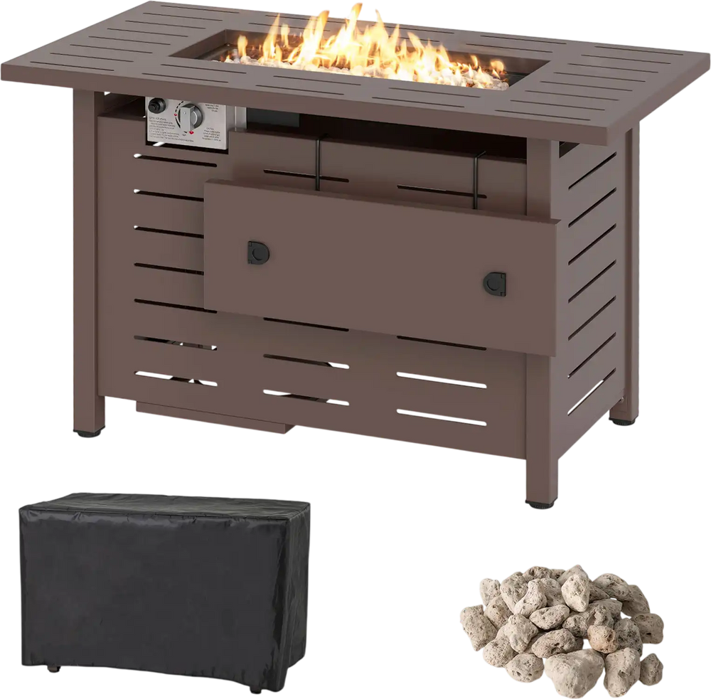 Rectangle gas fire table with removable lid, brown galvanized steel, 48,000 BTU, perfect for outdoor gatherings.