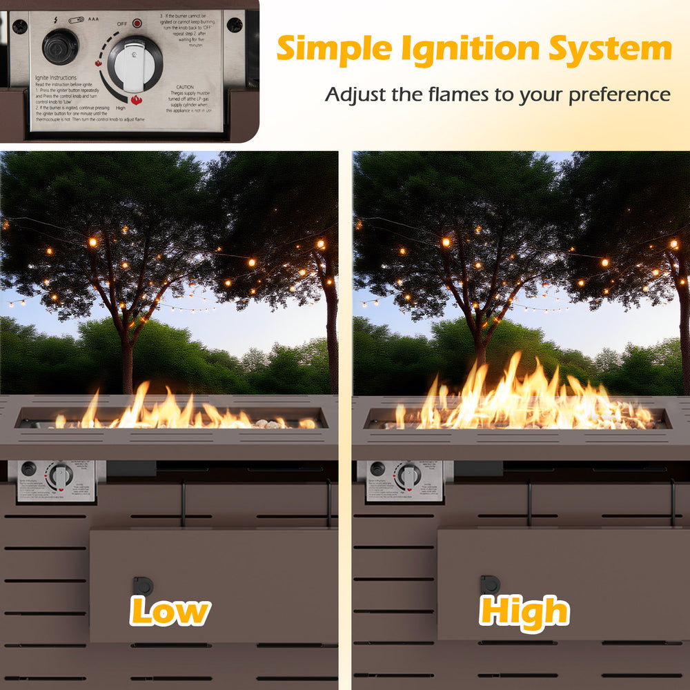 Adjustable flames on the 40-inch outdoor propane fire pit, showcasing low and high settings for customizable warmth.
