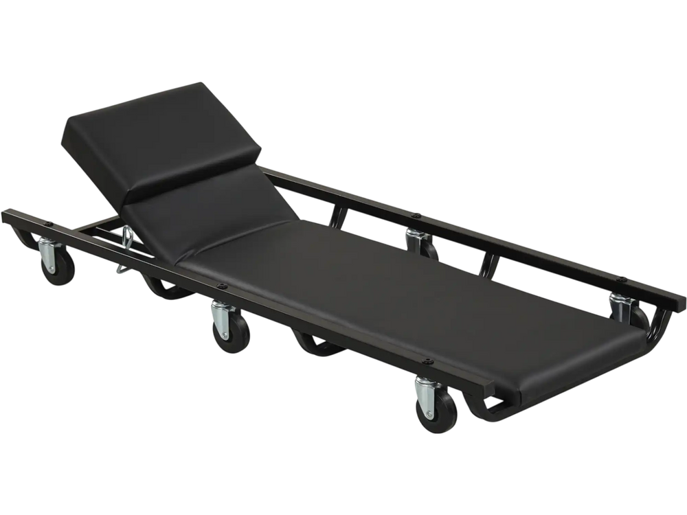 Rolling mechanic cart with adjustable backrest, padded surface, and 360-degree swivel casters for easy mobility.