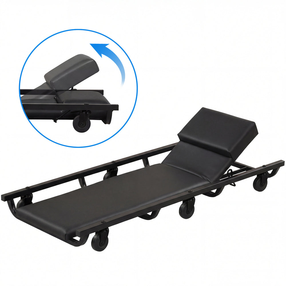 Adjustable backrest of the 40-inch rolling mechanic cart with padded support, ideal for garages and repair tasks.