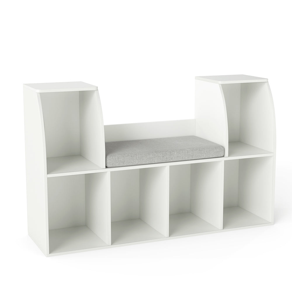 Kids bookshelf with reading nook, featuring 6 open cubes and a removable cushion, ideal for storage in a kids' room.