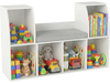 Kids bookshelf with reading nook in white, featuring 6 open cubes for toys and books, plus a removable cushion for.