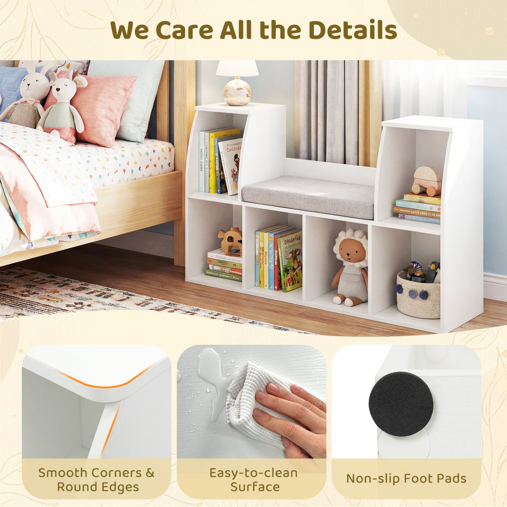 Kids bookshelf with reading nook featuring 6 open cubes, smooth corners, and easy-to-clean surface for versatile.