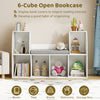 Kids bookshelf with reading nook, 6 open cubes for books and toys, white finish, perfect for kids' rooms and nurseries.