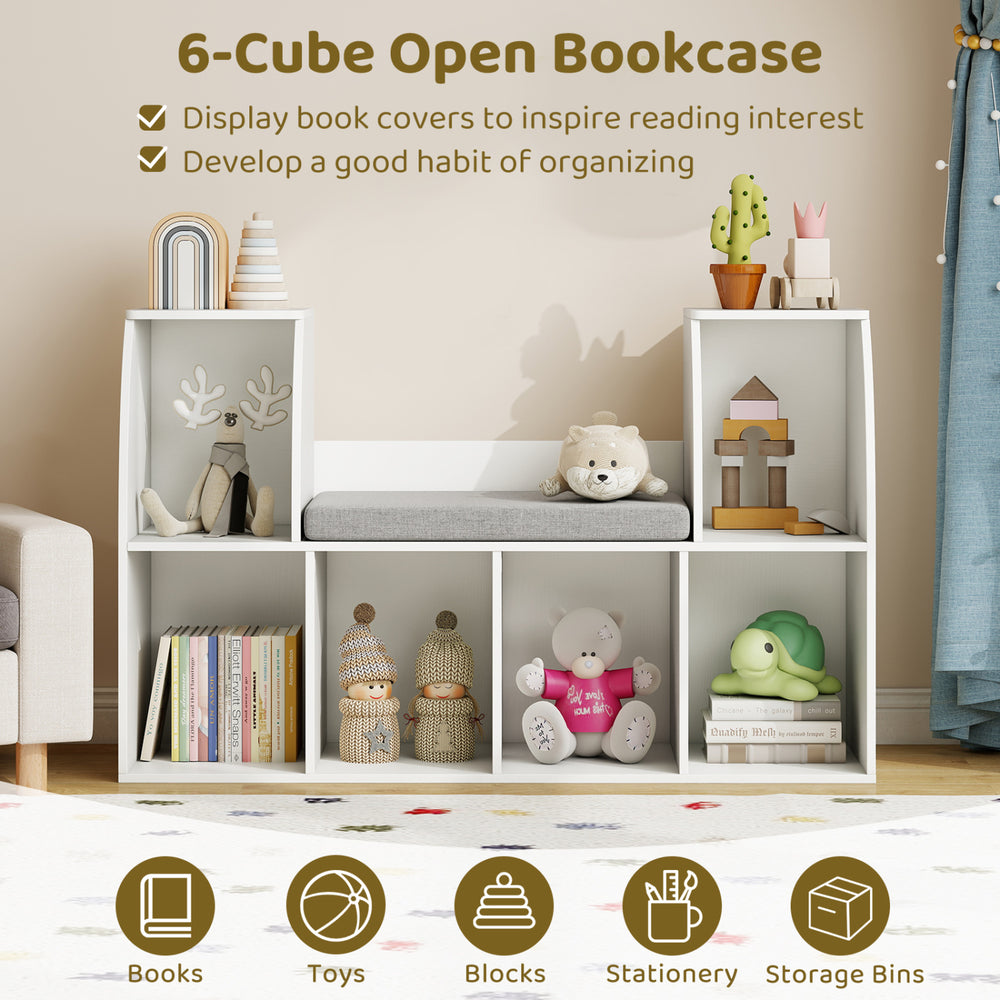 Kids bookshelf with reading nook, 6 open cubes for books and toys, white finish, perfect for kids' rooms and nurseries.