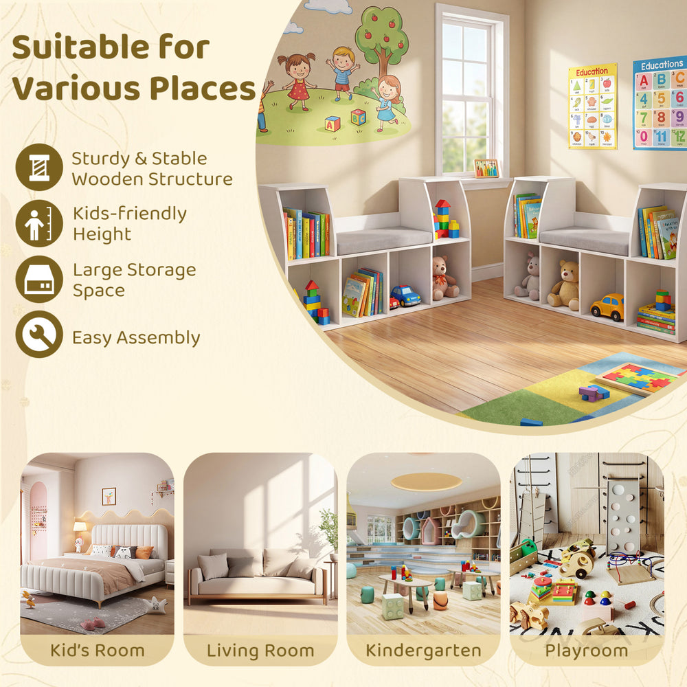 40-inch kids bookshelf with 6 open cubes in white, featuring a reading nook and sturdy design for kids' rooms and.