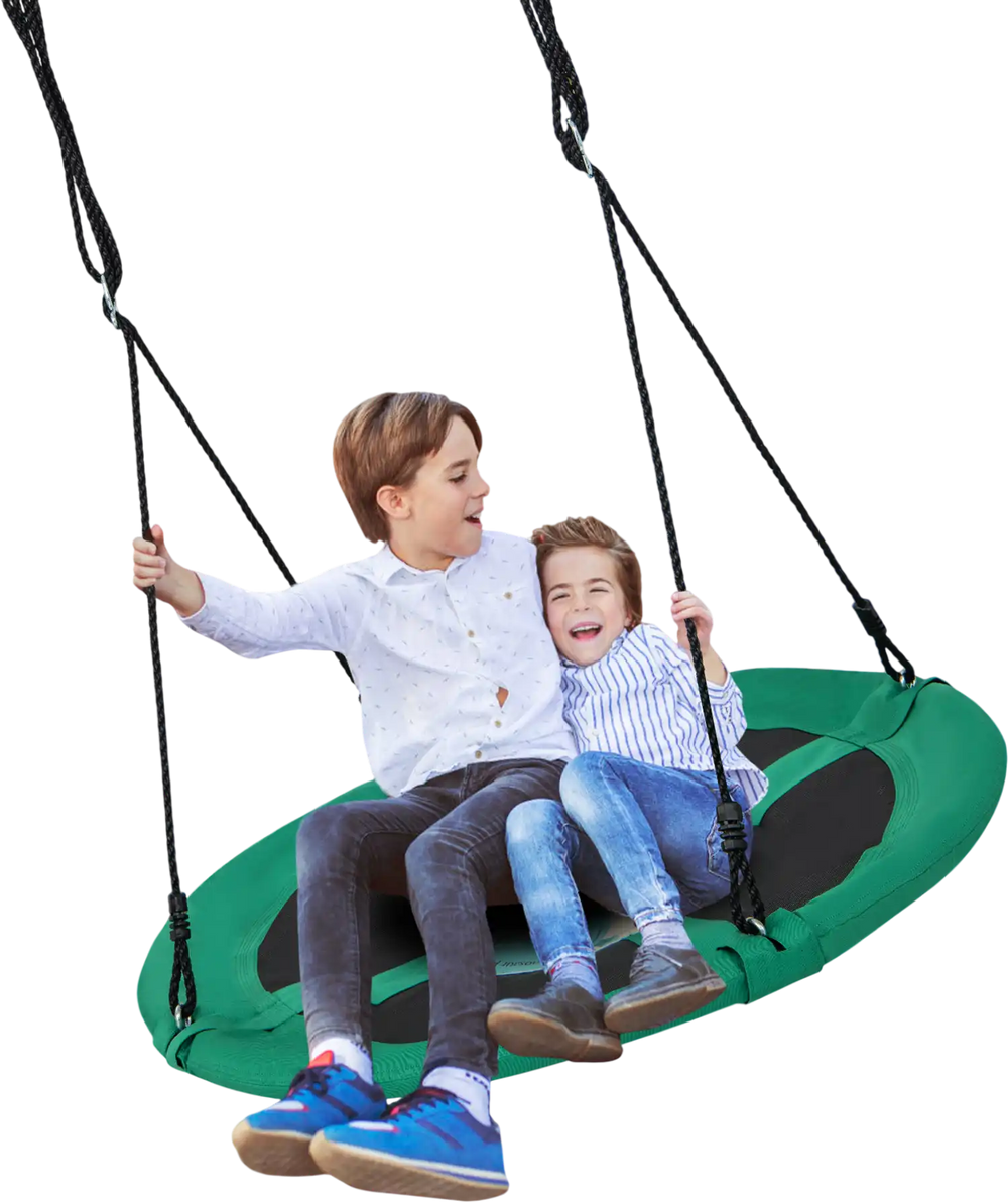 Round green saucer tree swing for kids, featuring adjustable ropes and a spacious design for comfortable play outdoors.