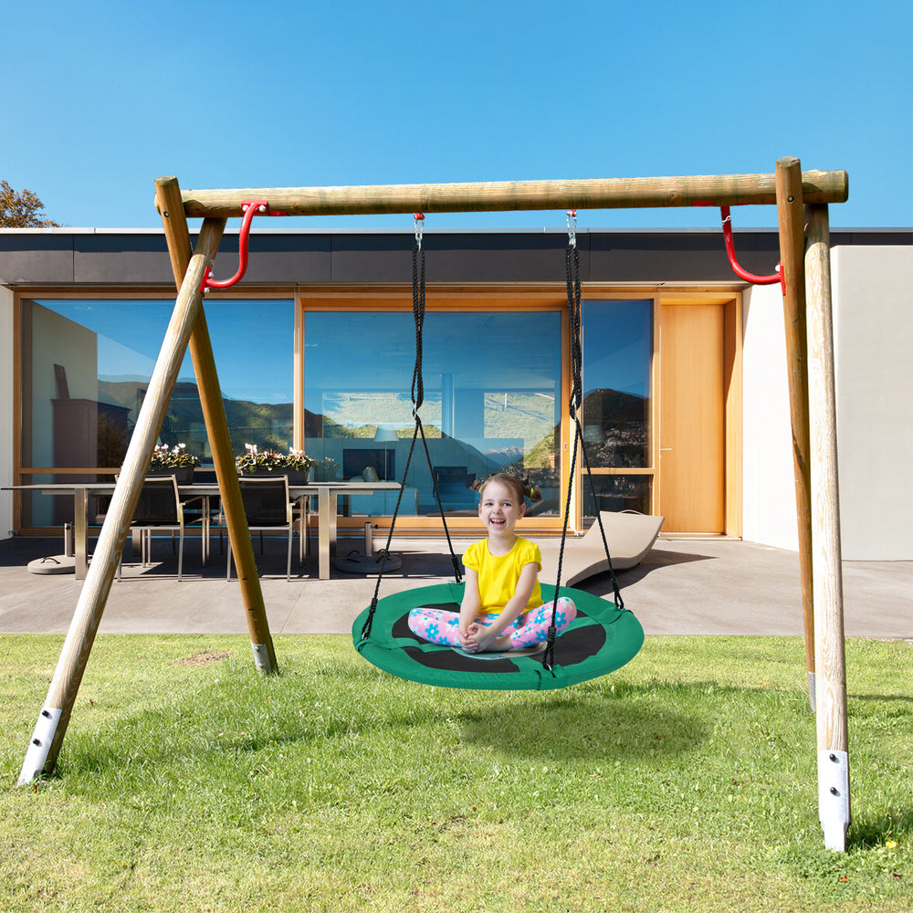 Round 40-inch green saucer tree swing with adjustable ropes, accommodating two kids, perfect for outdoor fun.