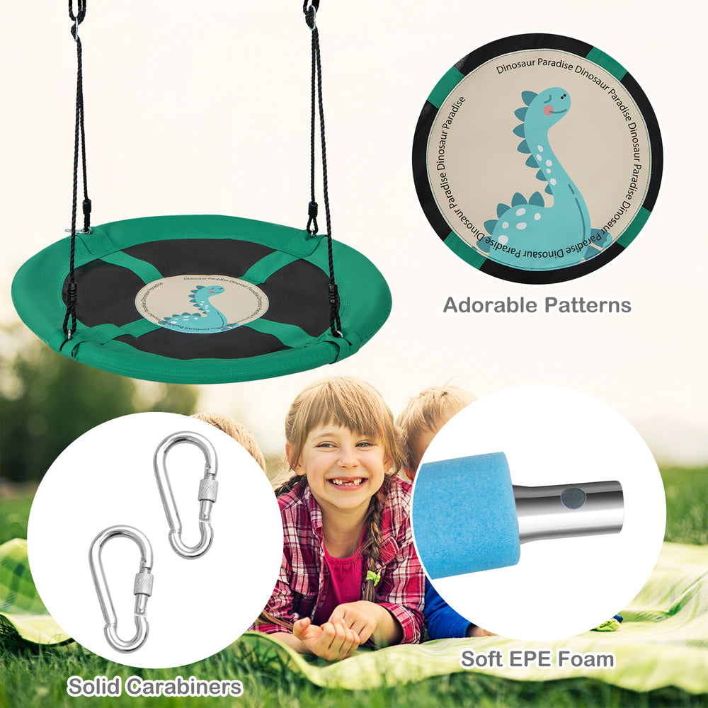 Round 40-inch green saucer tree swing with adjustable ropes, solid carabiners, and cute dinosaur patterns for outdoor.