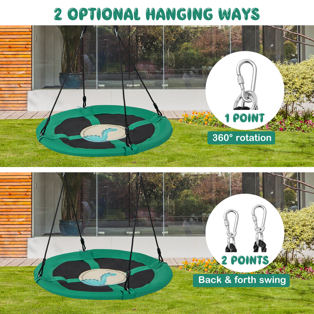 40-inch green saucer tree swing with adjustable ropes, featuring 1-point and 2-point hanging options for outdoor fun.