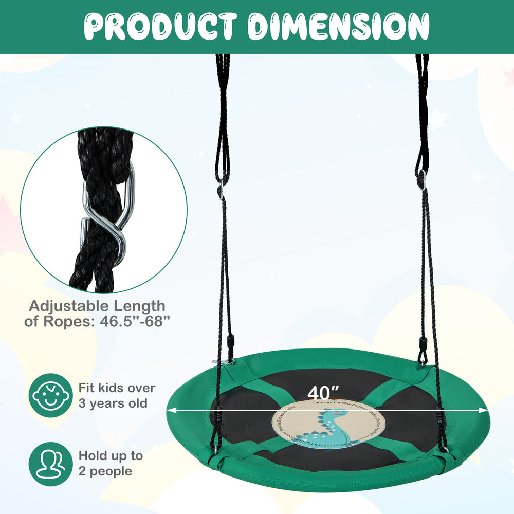 Round 40-inch green saucer tree swing with adjustable ropes, suitable for 2 kids, made of durable 900D oxford fabric.
