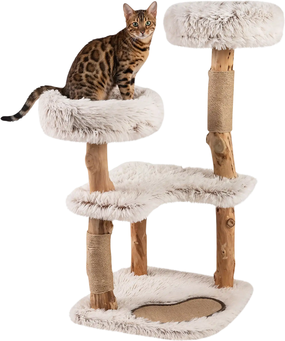 Modern 40” cat tree tower features luxury real wood branches, two padded perches, and a plush design for stylish pet lounging.