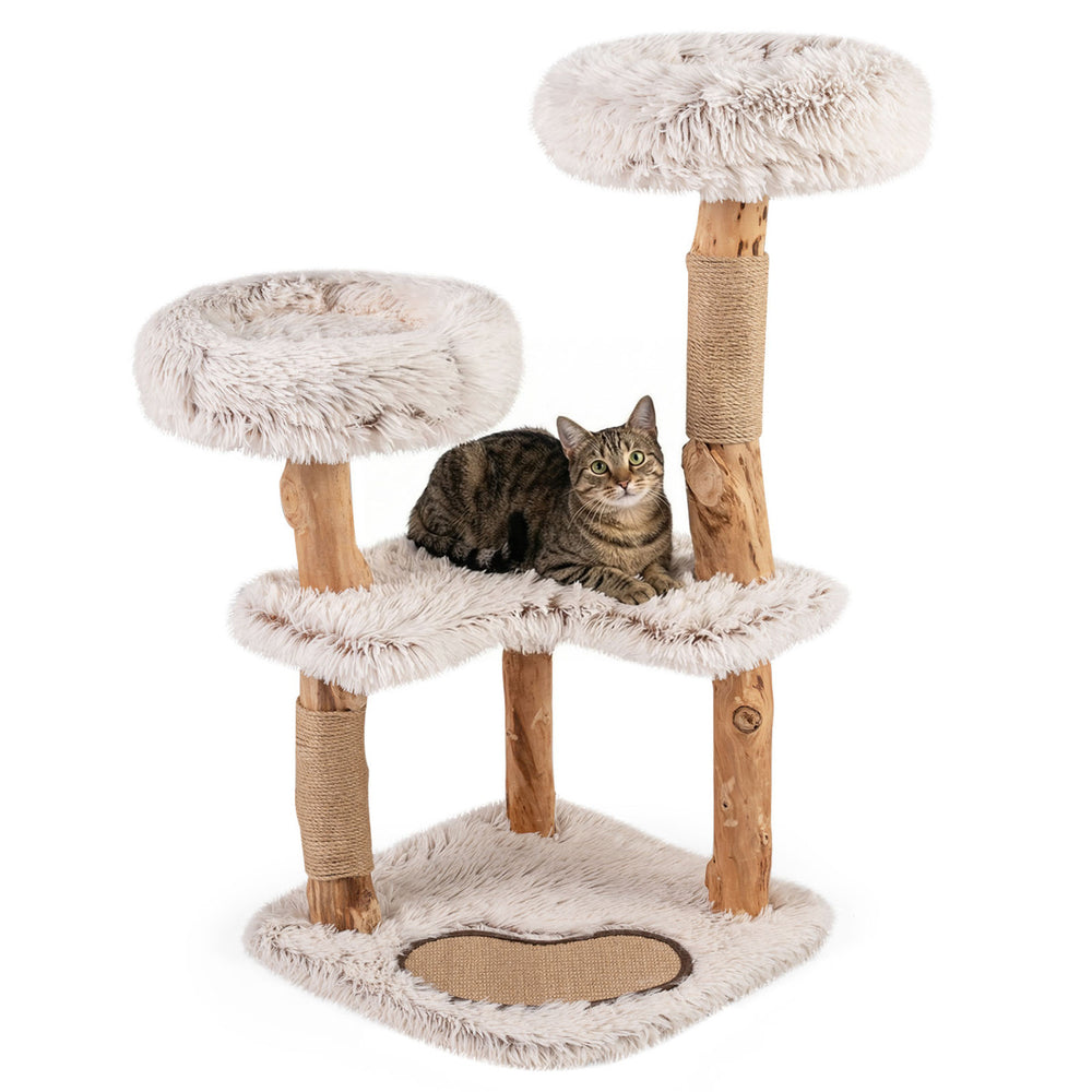 Modern cat tree tower featuring luxury real wood branches, two padded perches, and a stylish design for pet comfort.