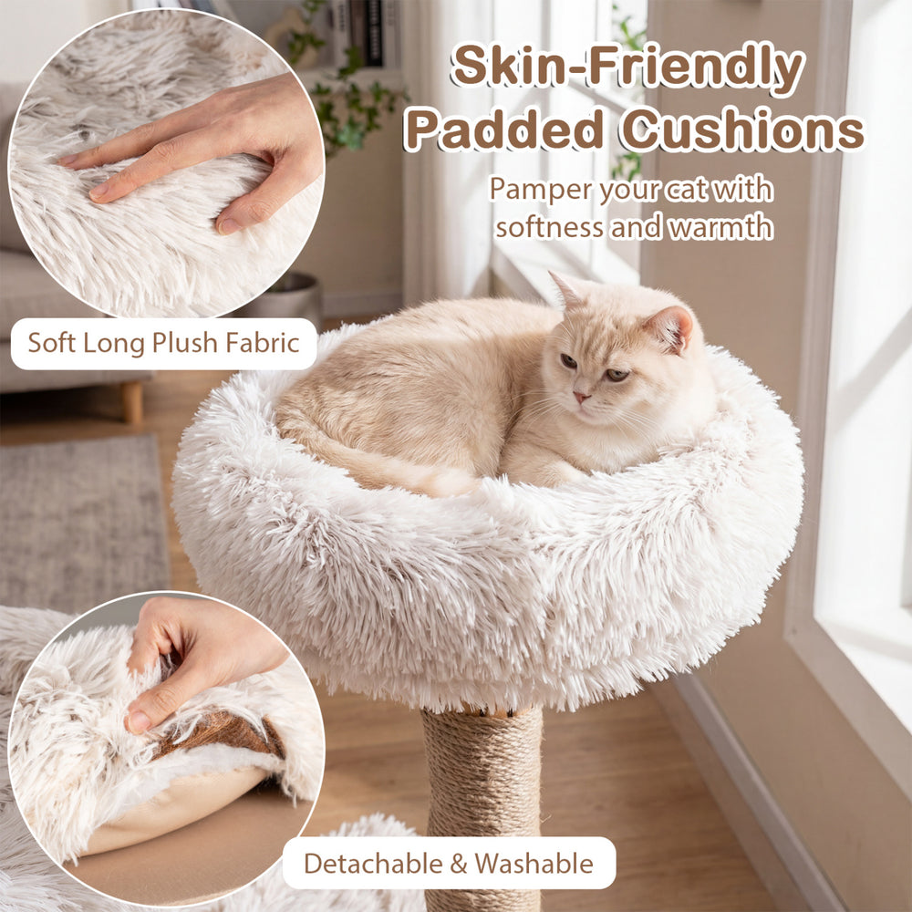 Padded cushion detail of the 40” Modern Cat Tree Tower with luxury wood branches, perfect for pet lounging and play.