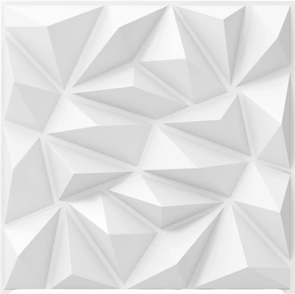 3D wall panel featuring decorative diamond patterns in white, made from lightweight PVC for easy installation and.