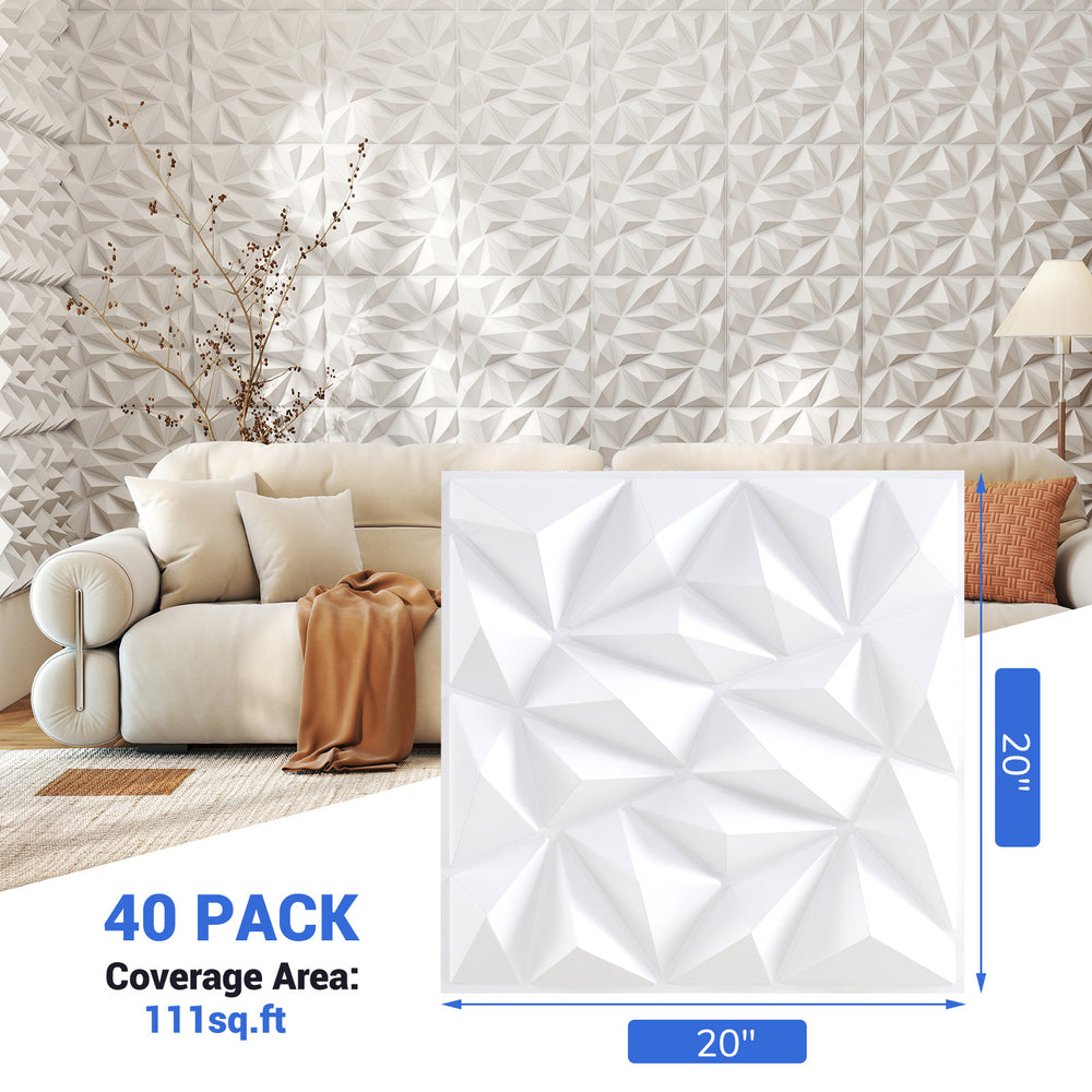 White 3D wall panel from a 40-pack, featuring decorative diamond patterns, ideal for creative DIY home decor.