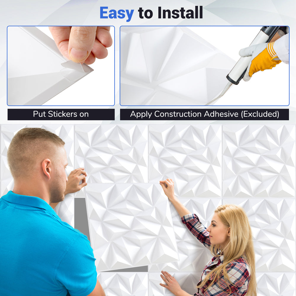 Installation of 3D wall panels with diamond patterns, showcasing adhesive stickers and construction adhesive.