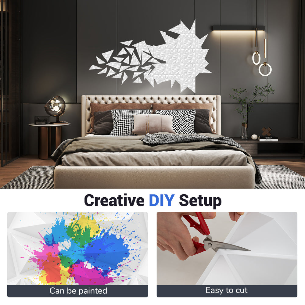 3D wall panels with decorative diamond patterns in white, made from PVC, easy to cut and paint for creative DIY decor.
