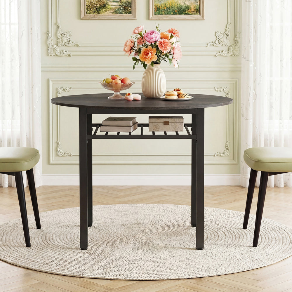 Round 40” kitchen table with gray faux wood grain, metal frame, and built-in storage shelf for organized dining.