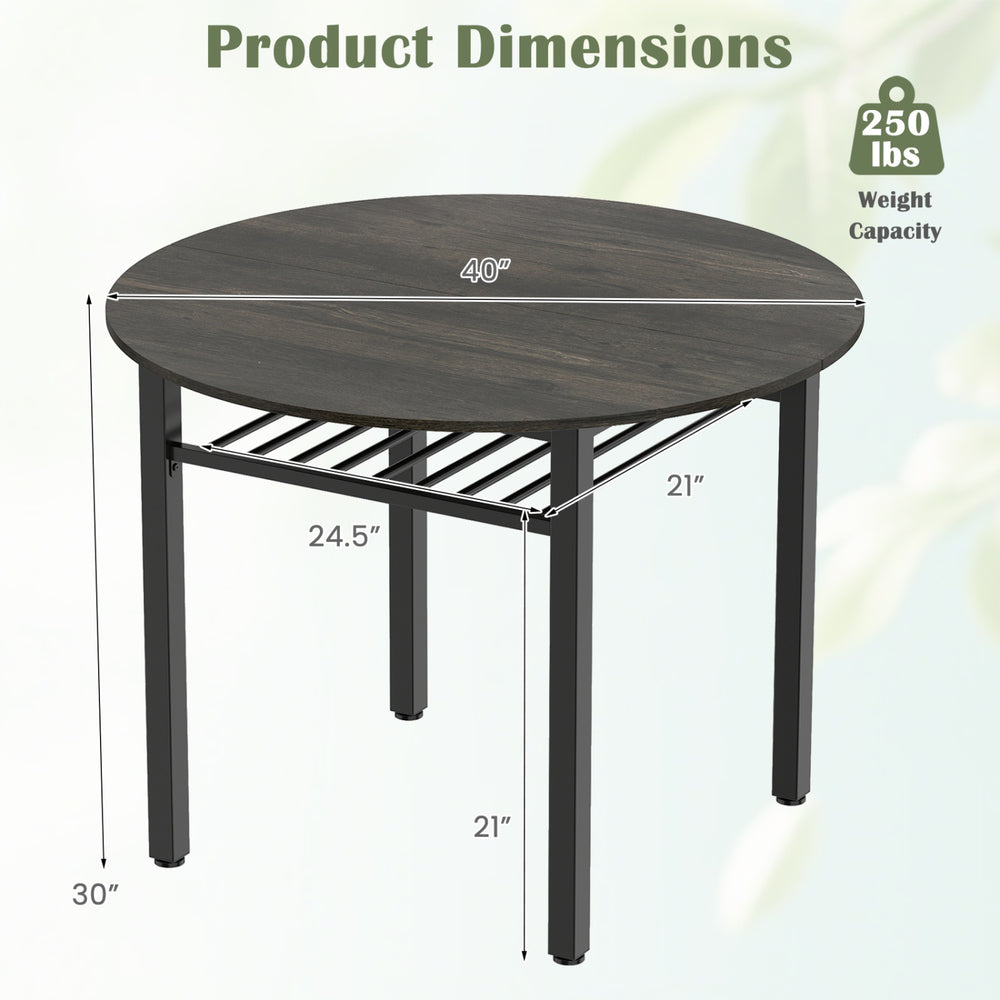 Round kitchen table with a gray faux wood grain finish, featuring a storage shelf and metal frame, dimensions 40" x 30".