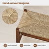 Hand-woven seagrass seat detail of a 40-inch walnut wood bench with solid rubber wood frame for stylish seating.