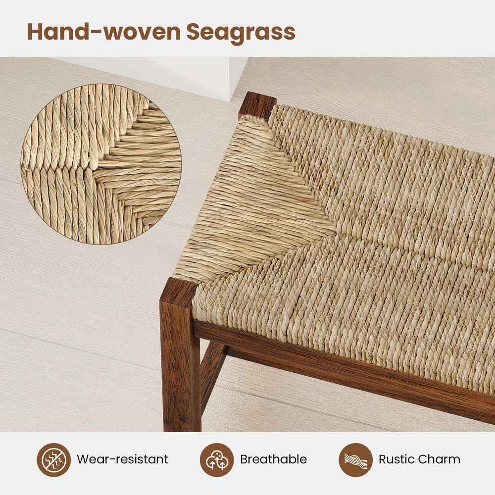 Hand-woven seagrass seat detail of a 40-inch walnut wood bench with solid rubber wood frame for stylish seating.
