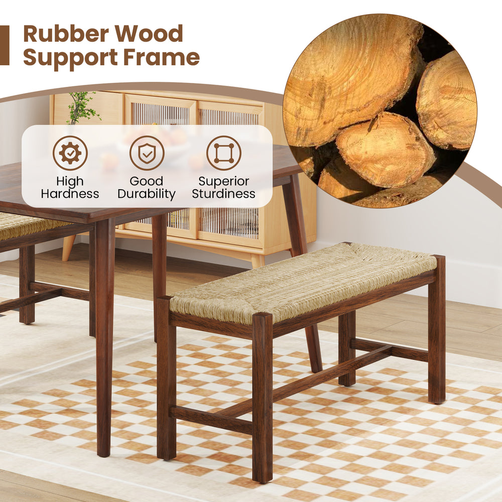 40-inch wood bench with solid rubber wood frame and hand-woven seagrass seat, ideal for dining rooms and entryways.
