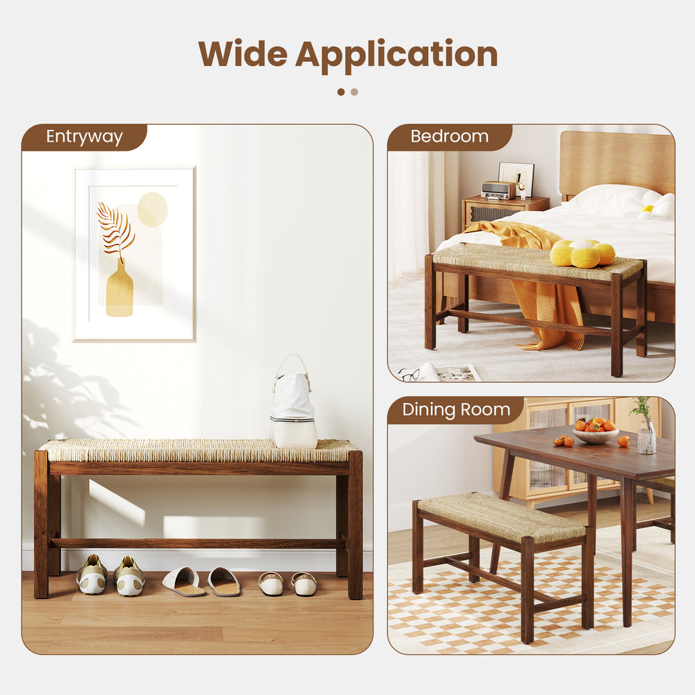 40-inch walnut wood bench with hand-woven seagrass seat, ideal for entryways, dining rooms, and bedrooms.