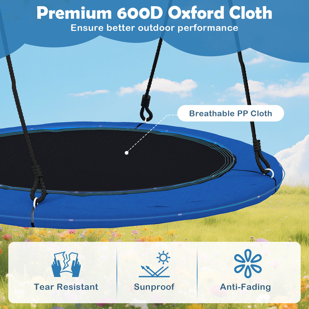 40-inch blue saucer tree swing with colorful lights, made of tear-resistant 600D Oxford cloth for outdoor fun.