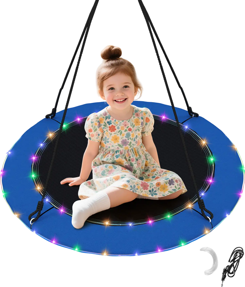 40-inch blue saucer tree swing with colorful lights, supporting up to 660lbs, perfect for kids' outdoor fun.