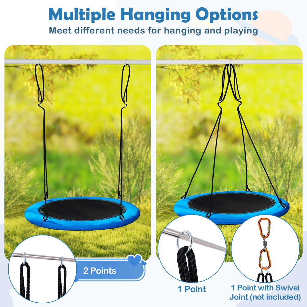40-inch blue saucer tree swing with multiple hanging options, sturdy design, and colorful LED lights for kids and.